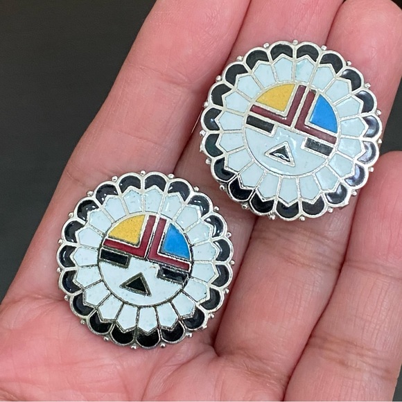 Indian Lore Genuine Copper Porcelain Enamel Inlaid Sun Face Clip On Earrings - Picture 11 of 13